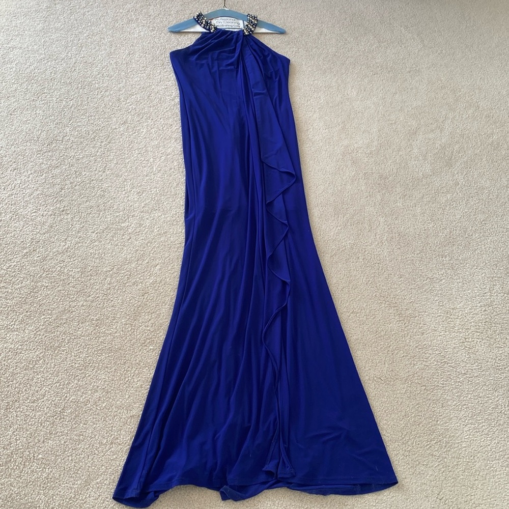 Royal deep purple halter dress with pearl accents from Elija J.